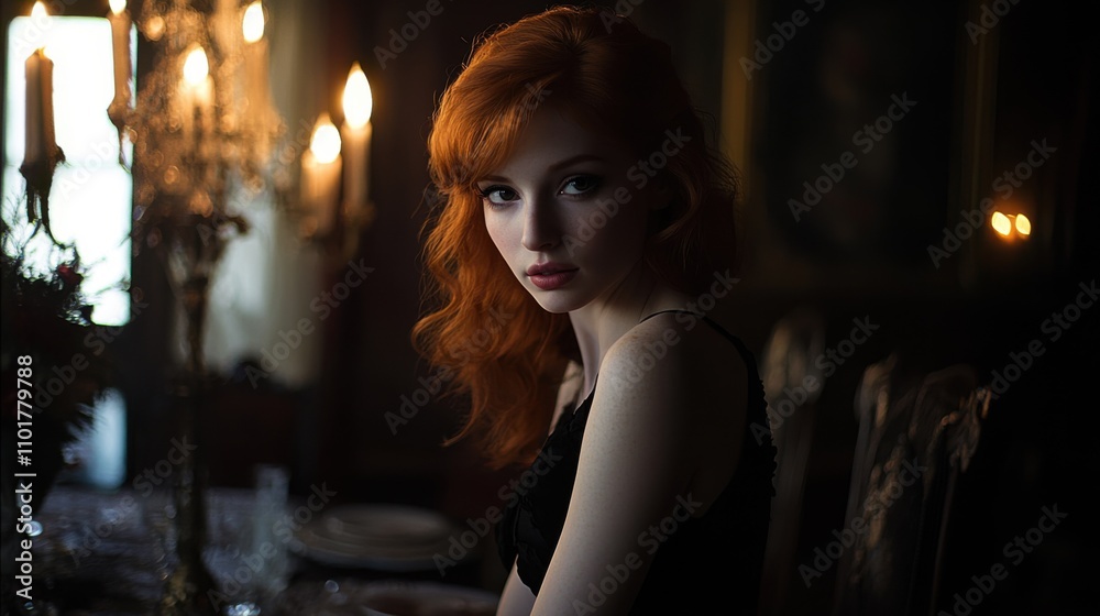 Redhead Woman Candlelight Portrait Dark Room Freckles Beauty Glamour