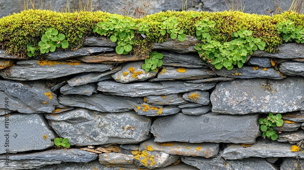 Natural greenery over rustic stone wall in a serene outdoor setting Natural greenery over rustic stone wall in a serene outdoor setting