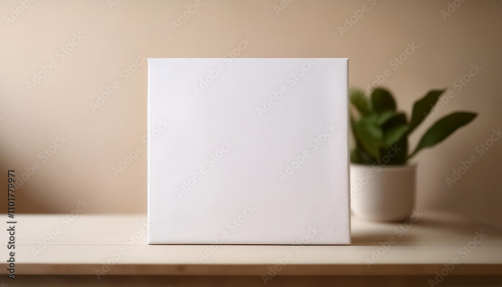 White square canvas mock-up standing, neutral beige background. Blank poster. Natural lighting. White square canvas mock-up standing, neutral beige background. Blank poster. Natural lighting.