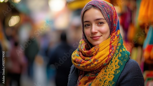 Smiling Woman in Colorful Headscarf, Indian Market Background