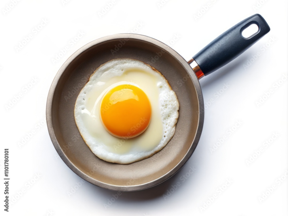 Top View of a Perfectly Cooked Fried Egg in a Frying Pan Isolated on a Clean White Background for Culinary and Food Photography Top View of a Perfectly Cooked Fried Egg in a Frying Pan Isolated on a Clean White Background for Culinary and Food Photography