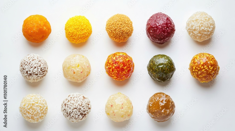Assortment of Indian Laddu sweets on a white background, with varied textures Assortment of Indian Laddu sweets on a white background, with varied textures