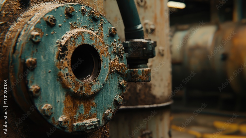 Close-Up of Rusted Industrial Pipe Fitting in Factory Environment Highlighting Wear and Tear, Corrosion, and Machinery Life Cycle Close-Up of Rusted Industrial Pipe Fitting in Factory Environment Highlighting Wear and Tear, Corrosion, and Machinery Life Cycle