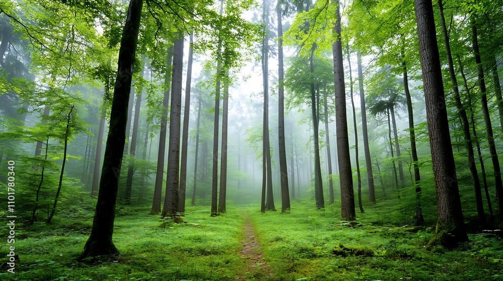 Obraz premium Mystical Foggy Forest with Towering Trees and Enchanting Lighting