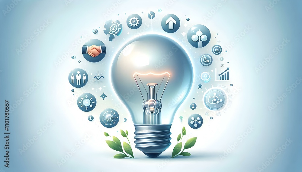 Light Bulb with Holographic Growth Symbols and Handshake Icons on White Background - Collaboration Concept Light Bulb with Holographic Growth Symbols and Handshake Icons on White Background - Collaboration Concept