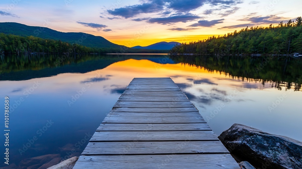 Fototapeta premium Tranquil Wooden Dock Overlooking Serene Lake at Sunrise