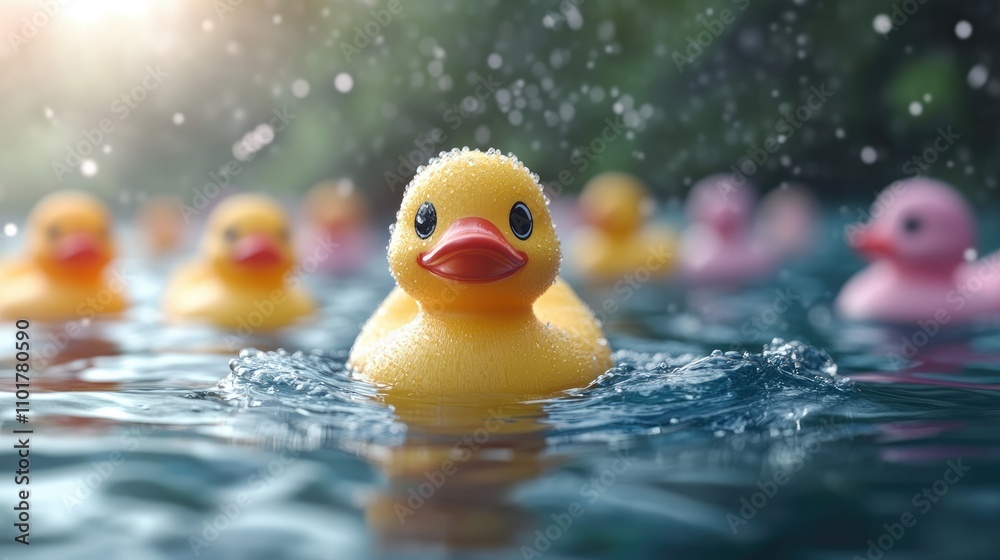 Yellow rubber duck leading others in water. Yellow rubber duck leading others in water.