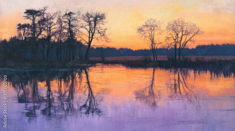 Serene reflections of trees on still wetland waters at dusk, with soft orange and purple skies in the background. Serene reflections of trees on still wetland waters at dusk, with soft orange and purple skies in the background.