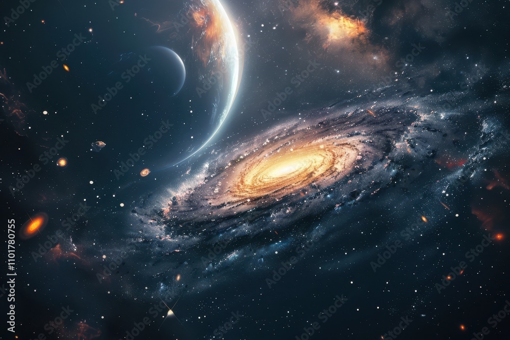 Colorful spiral galaxy with stars, planets, and cosmic dust in deep space. Colorful spiral galaxy with stars, planets, and cosmic dust in deep space.