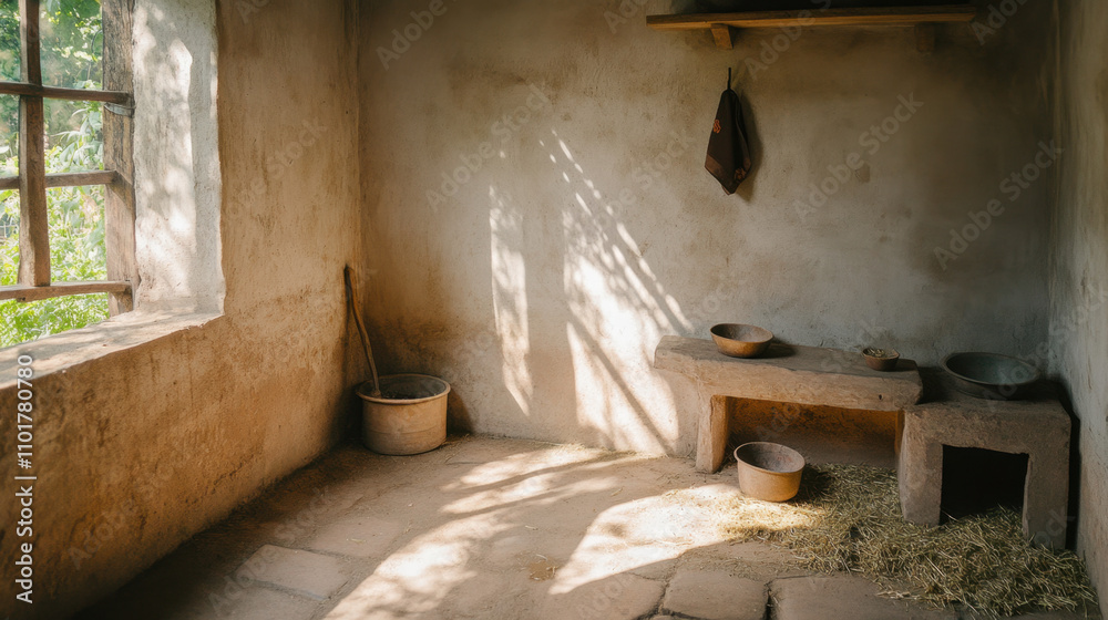 Pig barn. A rustic, sunlit room with a stone bench, pots, and a window, evoking a sense of simplicity and warmth in an old-fashioned setting. Pig barn. A rustic, sunlit room with a stone bench, pots, and a window, evoking a sense of simplicity and warmth in an old-fashioned setting.