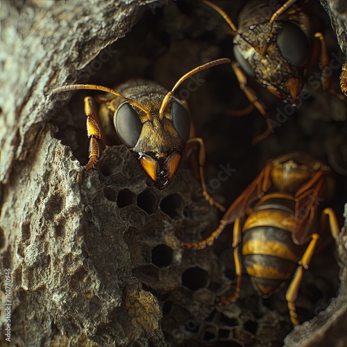 Close-up of Waspnest Polistes dominula European paper wasp Gupe cartonnire photo