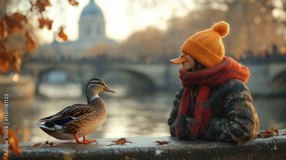 Girl wearing a duck mask interacts with a real duck by a river in autumn. Girl wearing a duck mask interacts with a real duck by a river in autumn.