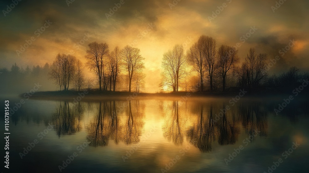 Still lake waters mirror a dramatic sunrise, with silhouettes of trees along the shore creating a tranquil mood. Still lake waters mirror a dramatic sunrise, with silhouettes of trees along the shore creating a tranquil mood.