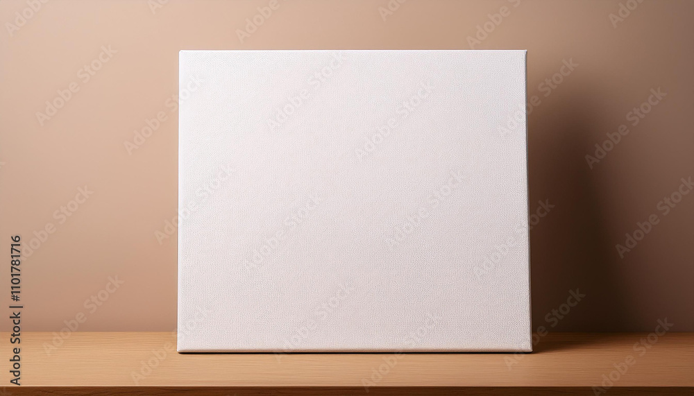 White square canvas mock-up standing, neutral beige background. Blank poster. Natural lighting. White square canvas mock-up standing, neutral beige background. Blank poster. Natural lighting.