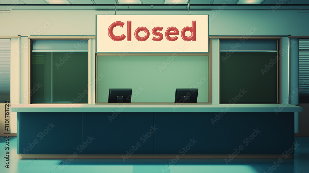 Closed airport counter with empty chairs and a sign indicating no flights available. A symbol of travel disruption and unexpected changes in plans. Closed airport counter with empty chairs and a sign indicating no flights available. A symbol of travel disruption and unexpected changes in plans.