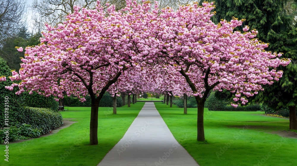 Blooming Cherry Blossom Trees With Delicate Pink Flowers in Vibrant Spring Landscape