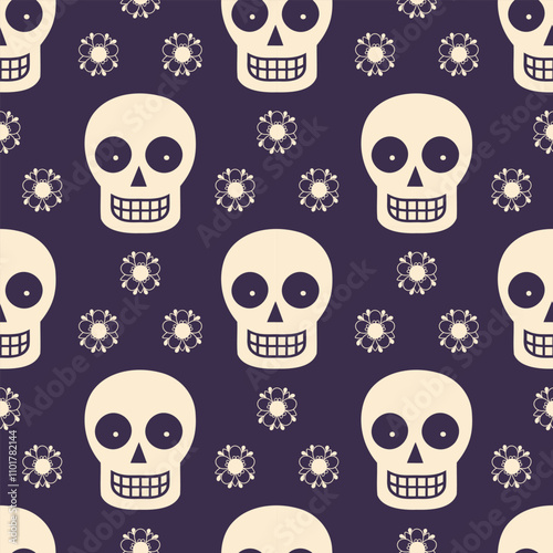 Seamless pattern with sugar skulls and flowers on dark background. Day of the Dead holiday background. Illustration