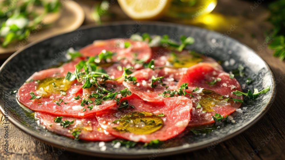 Thin slices of carpaccio drizzled with olive oil and lemon juice. Thin slices of carpaccio drizzled with olive oil and lemon juice.