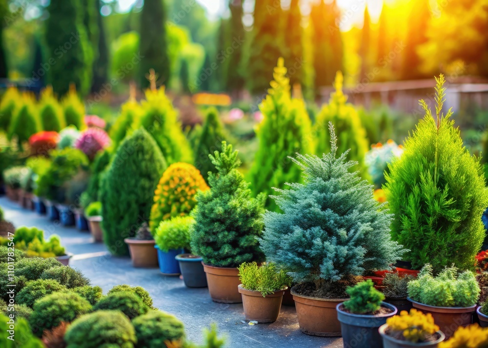 Fototapeta premium Vibrant Tilt-Shift Photography of Coniferous Plants in a Plant Nursery â€“ Stunning Display of Garden Plants for Landscape Design and Home Gardening Enthusiasts