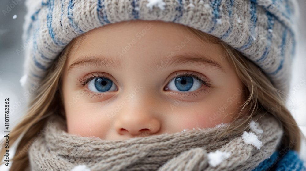 Portrait of cute little girl in woolen hat and wrapped in woolen scarf outside on the cold snowy winter day Portrait of cute little girl in woolen hat and wrapped in woolen scarf outside on the cold snowy winter day