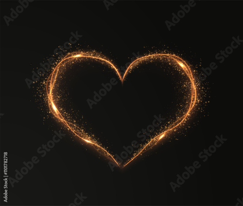 Heart gold with flashes isolated on transparent background. Light heart for holiday cards, banners, invitations. Heart-shaped neon wire glow. 