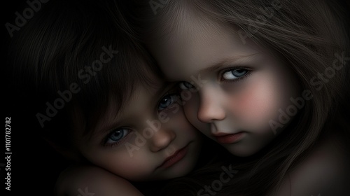 A close-up portrait of two children embracing, featuring soft lighting and delicate facial details, suitable for themes of innocence, love, and sibling bonds in family-oriented projects or campaigns,