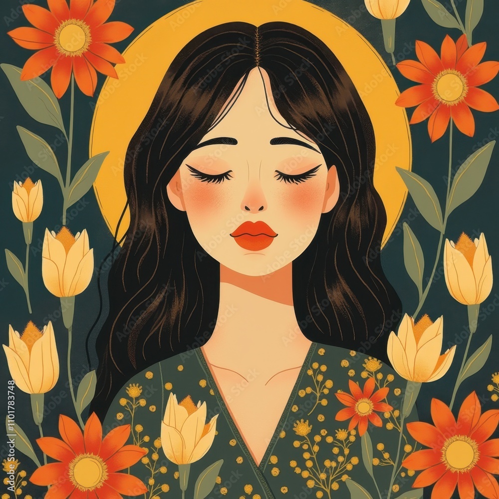 Serene Virgo Icon with Floral Frame Serene Virgo Icon with Floral Frame