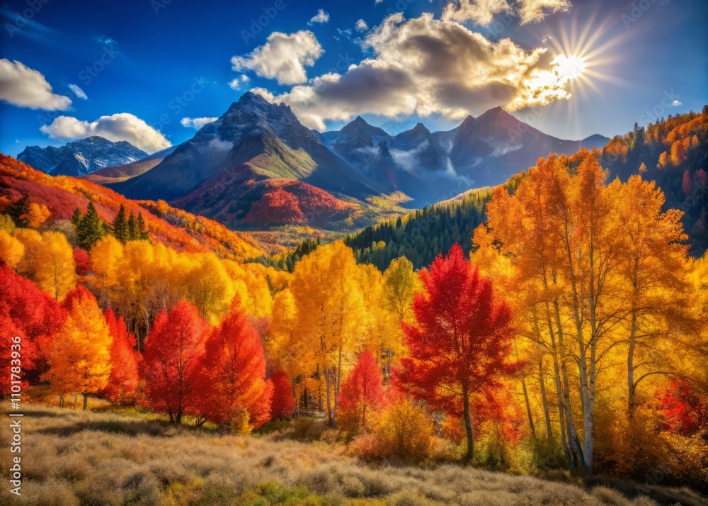 Fototapeta premium Vibrant Autumn Colors in Colorado: A Scenic Bokeh Effect of Golden Aspens and Crimson Maples Under a Clear Blue Sky