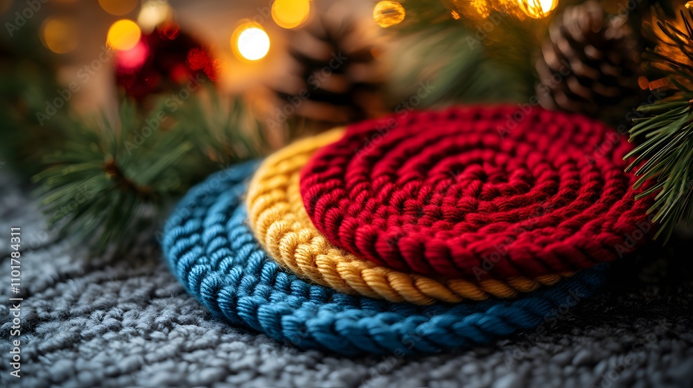 Handmade crochet coasters in red, blue and yellow wool, photographed in macro detail with Christmas pine decorations, showcasing detailed yarn patterns in warm, cozy winter atmosphere. Handmade crochet coasters in red, blue and yellow wool, photographed in macro detail with Christmas pine decorations, showcasing detailed yarn patterns in warm, cozy winter atmosphere.