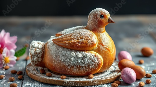 Delicious baked bird shaped bread with powdered sugar and colorful eggs on wooden platter photo