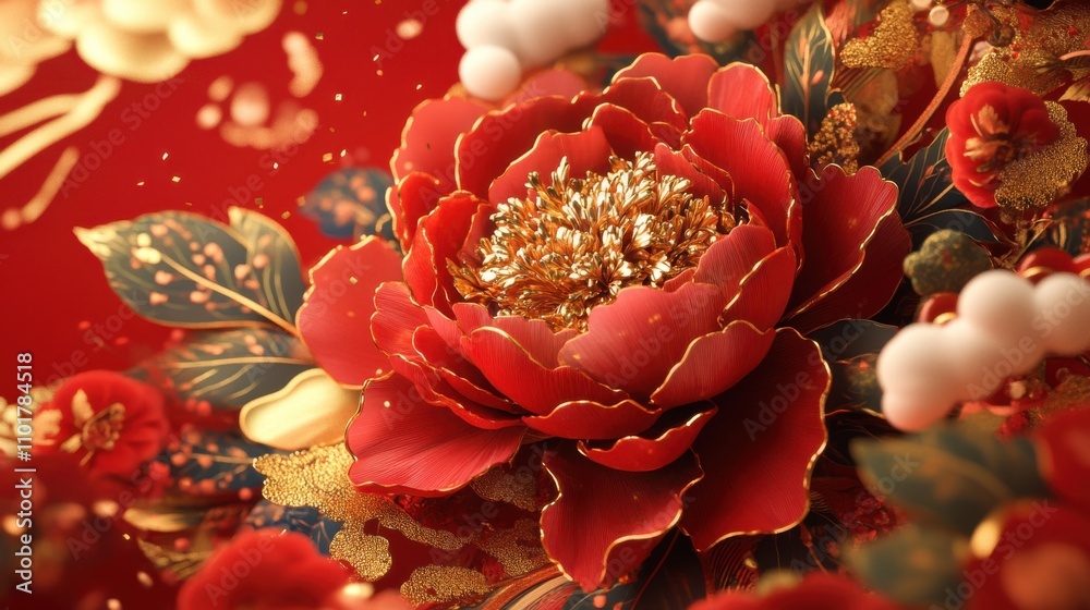 Central peony surrounded by lively fireworks and auspicious