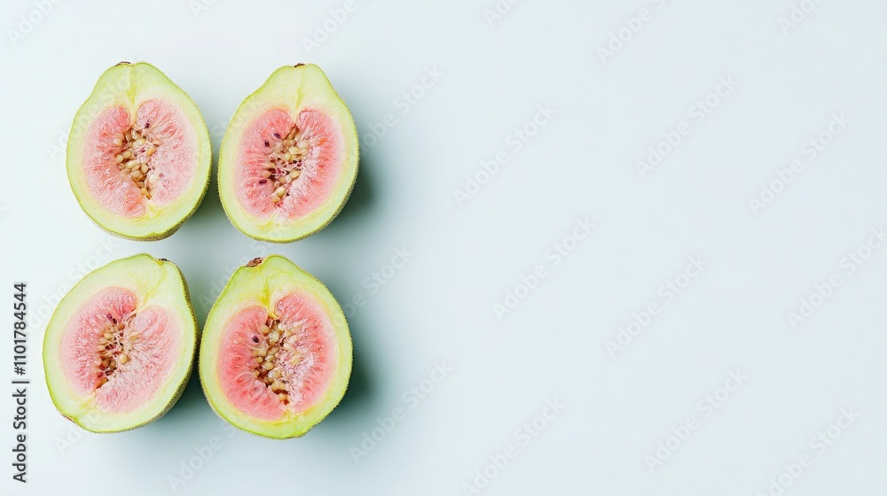 Freshly Cut Guava Fruit Halves Displayed on a Light Blue Background Showcasing the Juicy Insides and Unique Texture of Tropical Produce Freshly Cut Guava Fruit Halves Displayed on a Light Blue Background Showcasing the Juicy Insides and Unique Texture of Tropical Produce