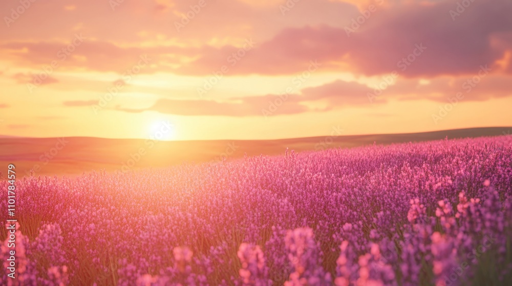 Obraz premium Vibrant pink lavender field extending into the horizon under the warm glow of a setting sun.