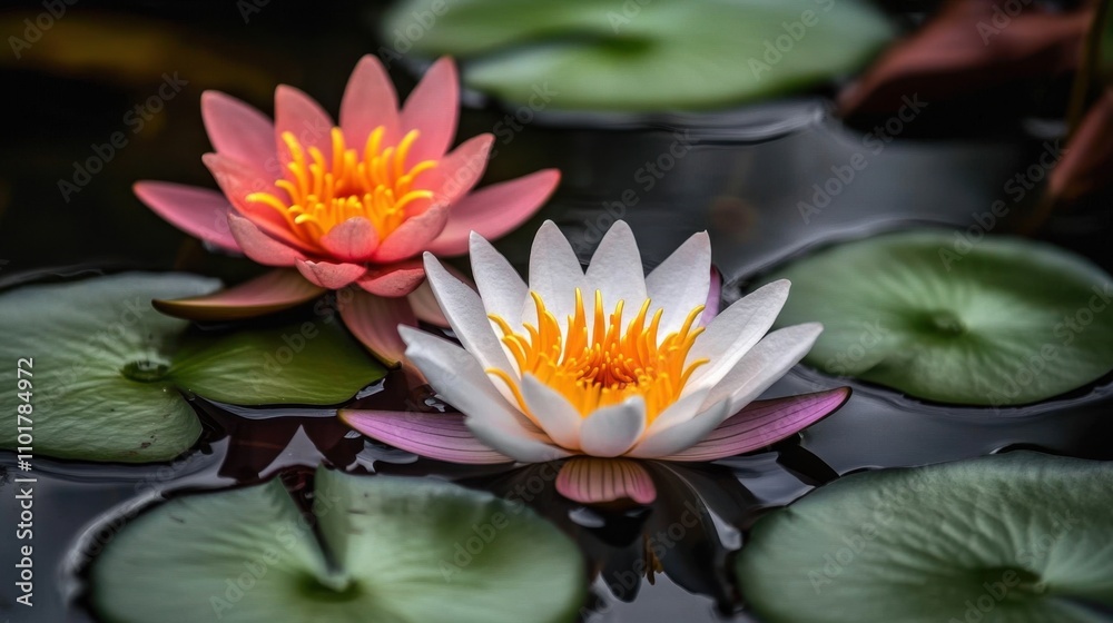 Vibrant water lilies on a pond, their colors popping against the dark reflective water in a natural setting. Vibrant water lilies on a pond, their colors popping against the dark reflective water in a natural setting.