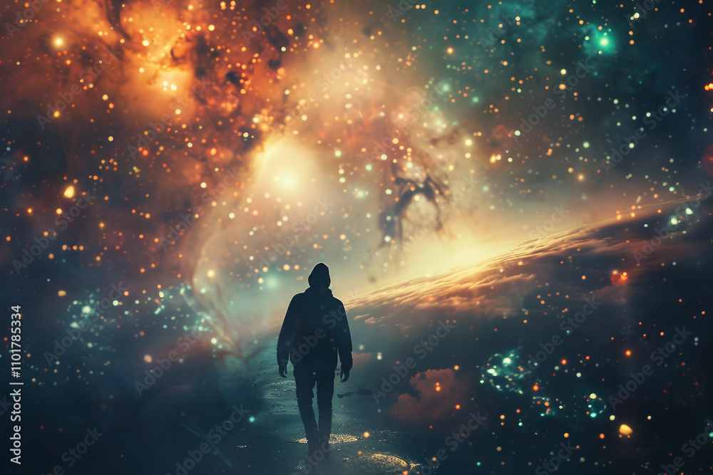 Fototapeta premium Generative AI Close-Up of a Time Traveler Exploring Cosmic Portal Across Space and Time