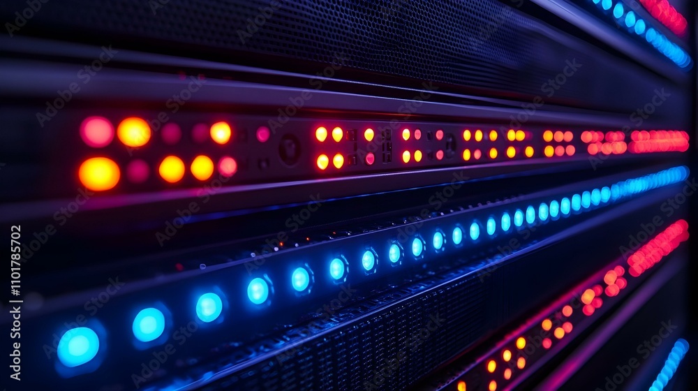 Macro Close-Up of Server Rack with Blinking Lights and Ample Copy Space Macro Close-Up of Server Rack with Blinking Lights and Ample Copy Space