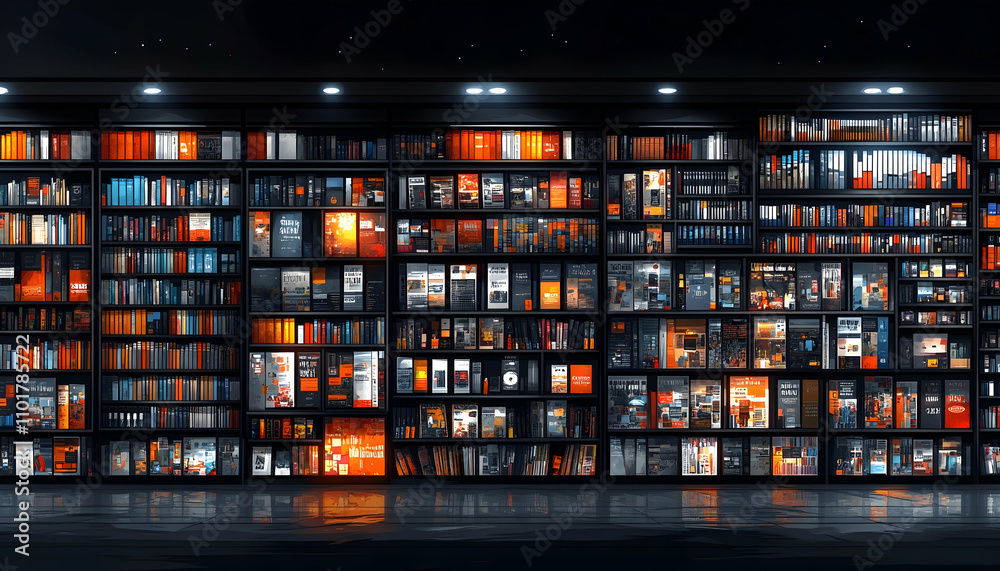 Wall of books and magazines in a modern bookstore at night. Wall of books and magazines in a modern bookstore at night.