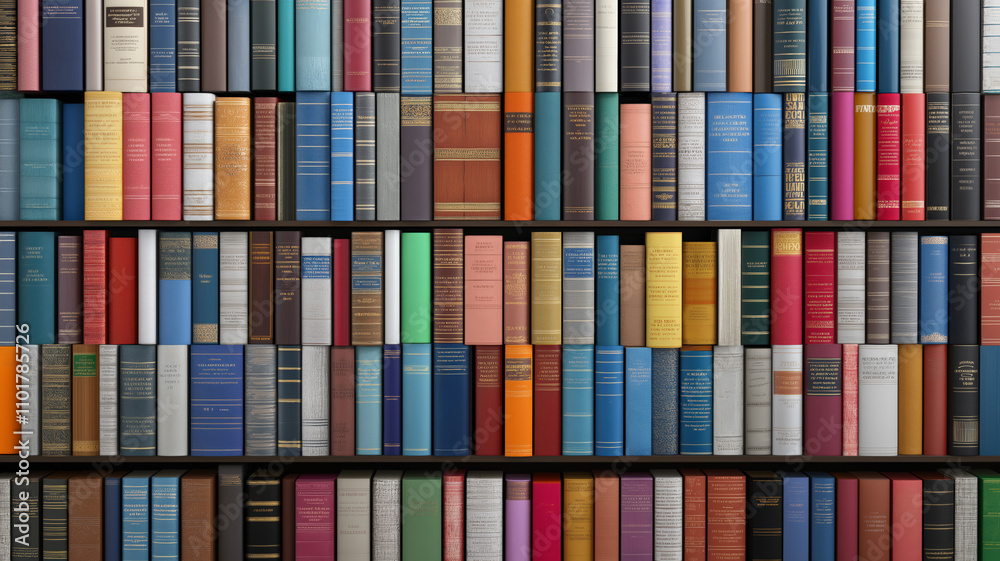 Colorful collection of books neatly arranged on a bookshelf, showcasing a variety of genres and bindings, symbolizing knowledge and literature Colorful collection of books neatly arranged on a bookshelf, showcasing a variety of genres and bindings, symbolizing knowledge and literature