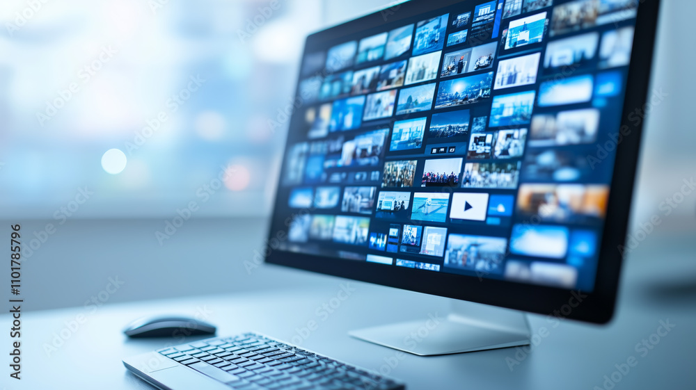 A computer monitor displaying a digital library of multiple video and image thumbnails, emphasizing online media consumption and content streaming A computer monitor displaying a digital library of multiple video and image thumbnails, emphasizing online media consumption and content streaming