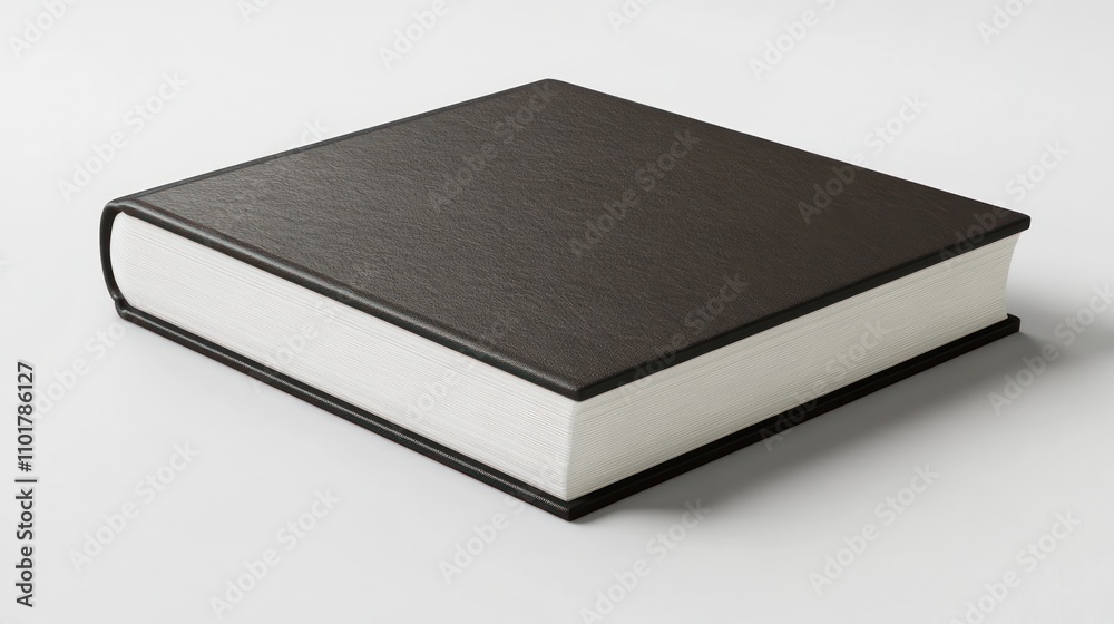 A thick dark brown leather bound book rests on a white surface A thick dark brown leather bound book rests on a white surface