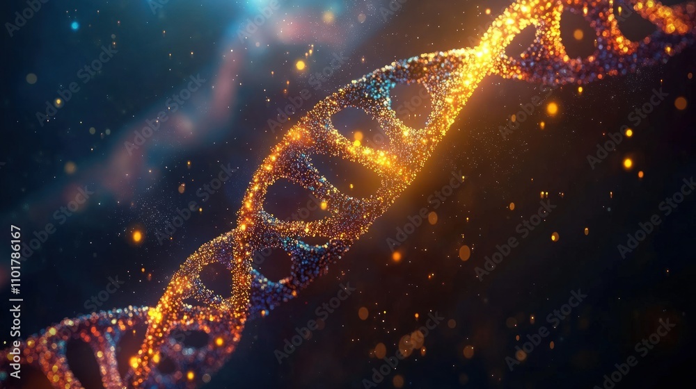 Glowing DNA helix strand, particle effect. Glowing DNA helix strand, particle effect.
