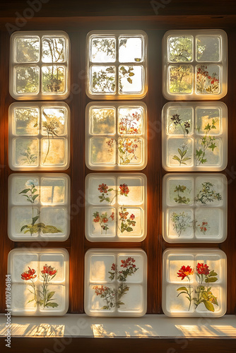 Wooden window with small square panels featuring painted botanicals and sunlight filtering through.