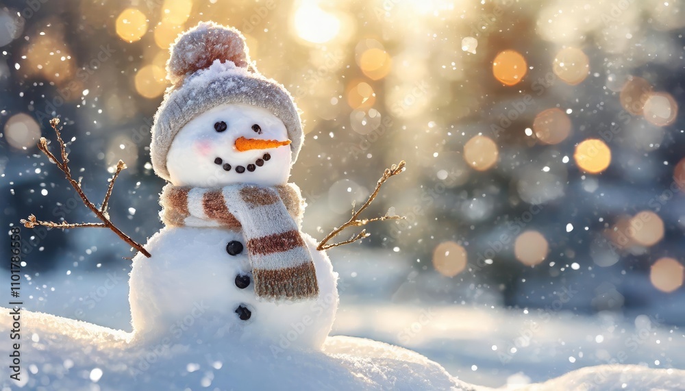 Charming winter holiday Christmas background banner featuring a close-up of a cute and funny snowman laughing joyfully, dressed warmly in a hat and scarf, amidst a snowy festive wonderland. Charming winter holiday Christmas background banner featuring a close-up of a cute and funny snowman laughing joyfully, dressed warmly in a hat and scarf, amidst a snowy festive wonderland.