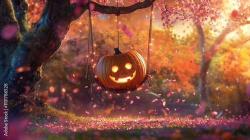 A smiley face pumpkin swinging on a rope swing tied to a cherry blossom tree in a vibrant forest. 