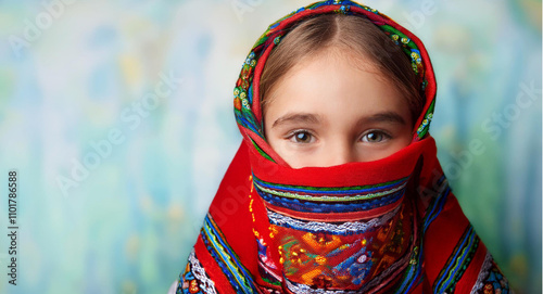 Tennager having her head cover by a red scarf photo