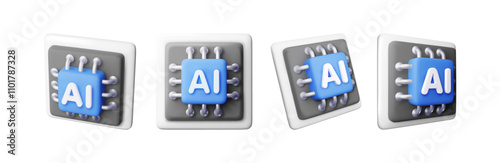 3d set of AI Chip isolated. Render collection of artificial intelligence chipset icon. AI processor in business, science, work. Computer semiconductor part. Technology engineering. Vector illustration