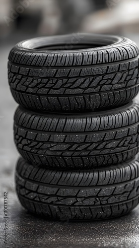 Three stacked car tires outdoors. photo