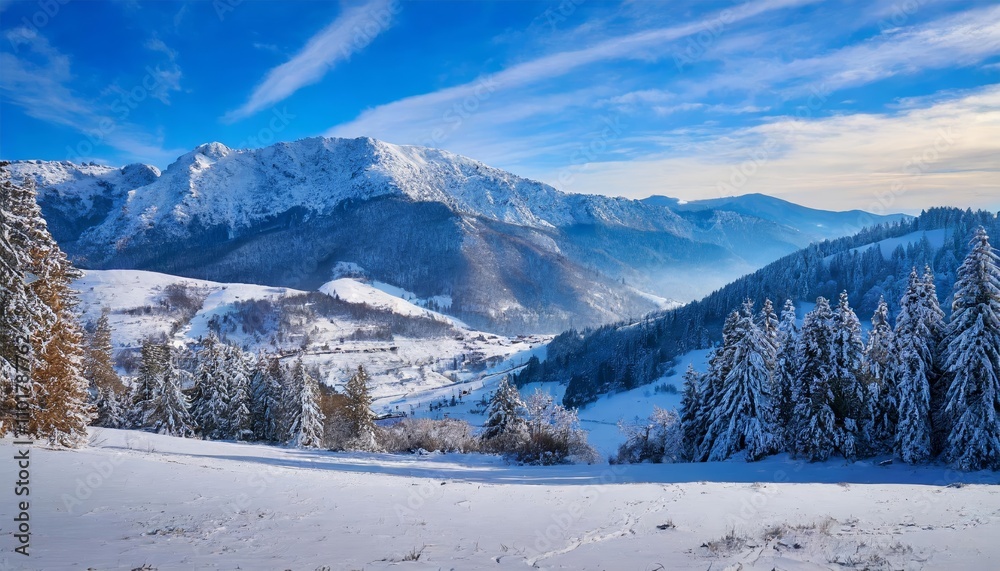 A serene winter landscape in the mountains featuring snow-covered peaks, frosted trees, and a tranquil, icy atmosphere perfect for capturing the beauty of natures frozen tranquility. A serene winter landscape in the mountains featuring snow-covered peaks, frosted trees, and a tranquil, icy atmosphere perfect for capturing the beauty of natures frozen tranquility.