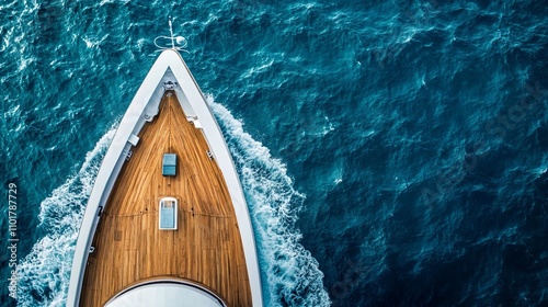 Panoramic aerial drone shot of a modern mega yacht with a wooden deck, anchored in the deep blue Aegean Sea. The photo offers ample copy space and showcases the latest technology in yacht design. 