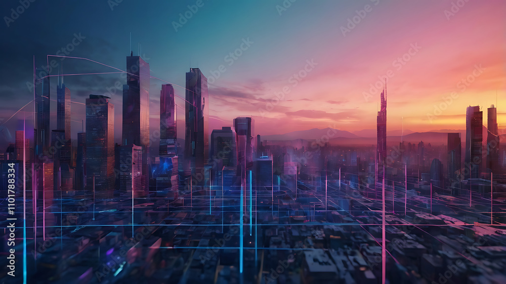 Fototapeta premium Futuristic Cityscape at Sunset with Digital Streams, vibrant city at sunset, high-tech urban environment, skyscrapers and technology, glowing digital streams.